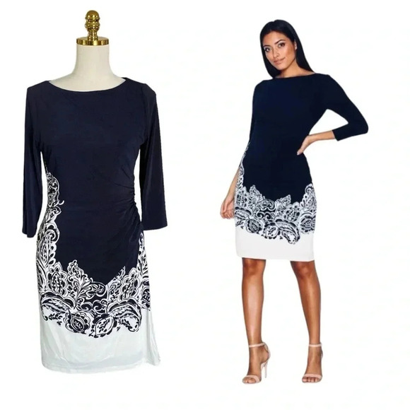 RALPH LAUREN |Women’s Navy/White Paisley Print Sheath Midi Bodycon Dress Sz 10P - Picture 2 of 9